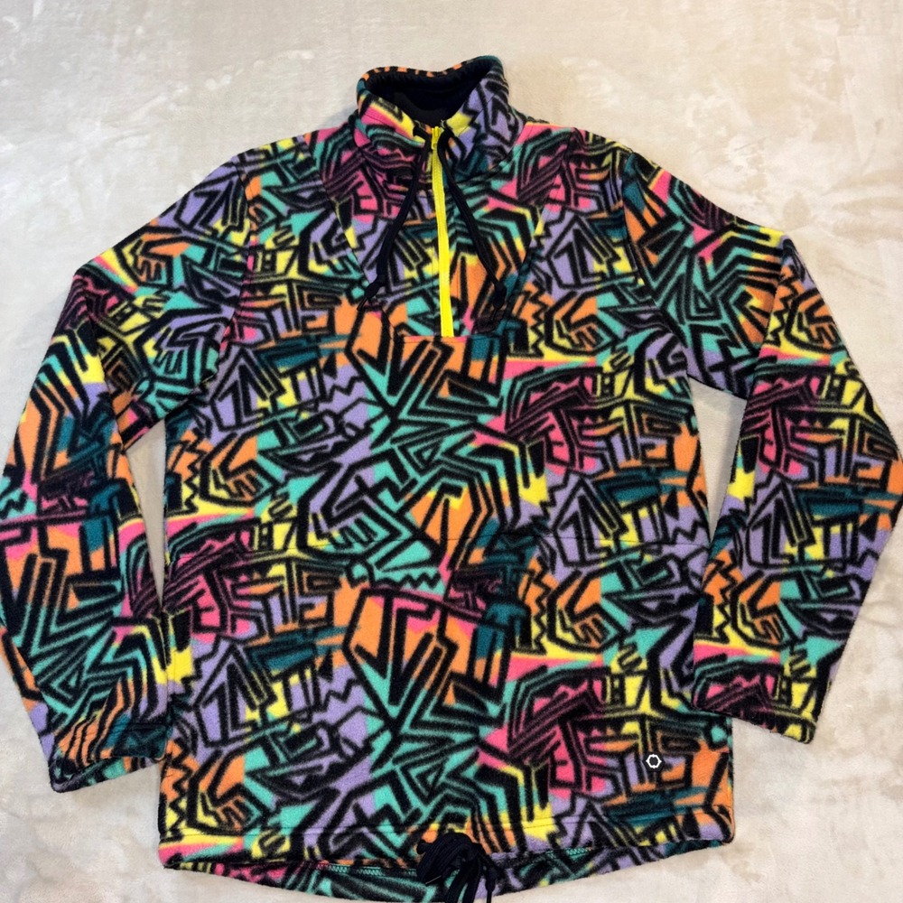 Empyre 90's Mens Small Abstract Geometric Neon Fleece Quarter Zip Pullover Multi